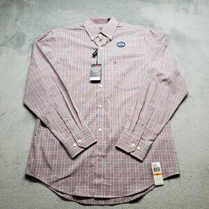 Izod Premium Essentials Button Down Plaid Shirt 1 Pocket Maroon Blue Men Sz S